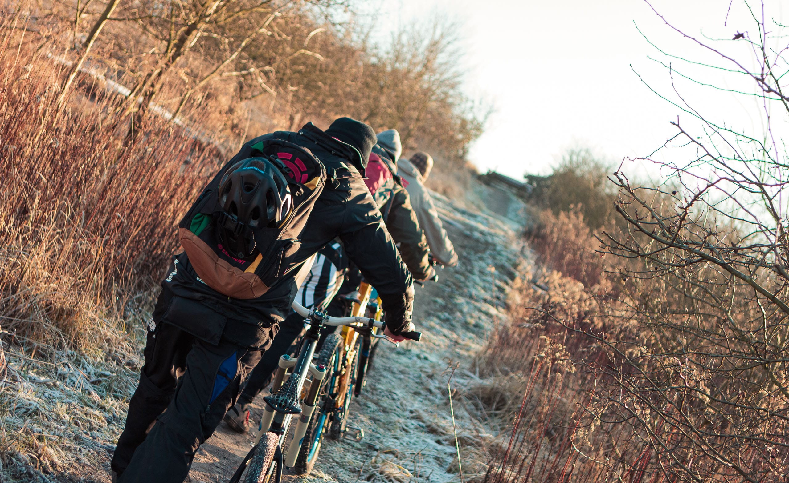 Eine Gruppe Mountainbiker schiebt einen Trail hinauf.